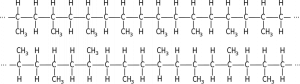 Короткие сегменты полипропилена, показывающие примеры изотактической (вверху) и синдиотактической (внизу) тактики