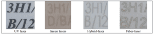 Different laser types on white HDPE